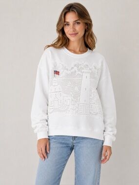 Patriotic Women Upcycled Sea Coast Town American Lace Top Sweatshirt White Large
